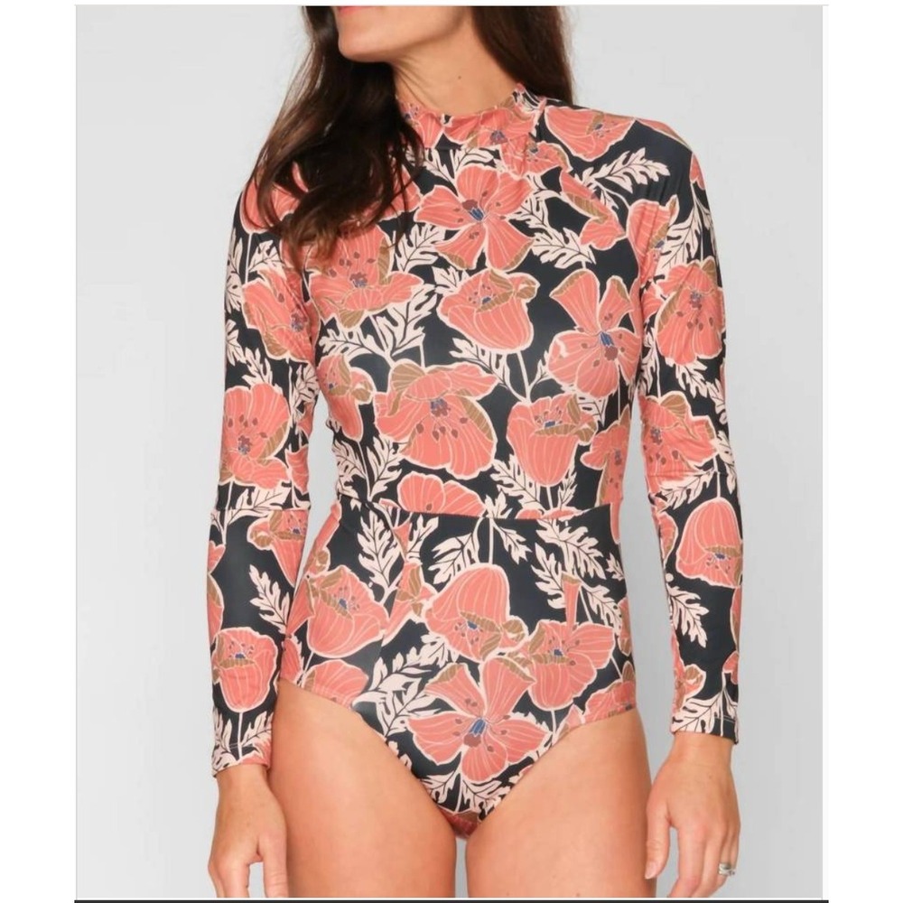 Seea Coral Floral Long Sleeve One-Piece Swimsuit - Black Background